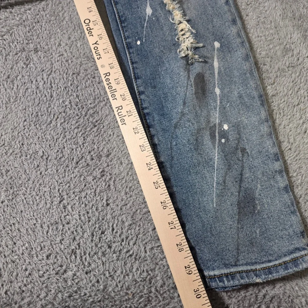 Amiri Mens 38x30 MX1 Jeans Blue Distressed Black Sequin Paint Splatter Slim Tapr